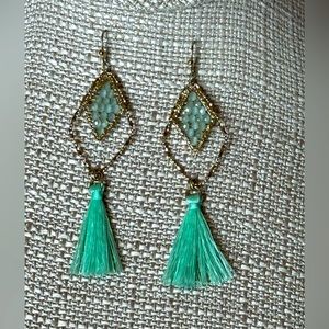 Earrings Woven Beads with Thread Tassels Mint Green, Statement Earrings NWOT